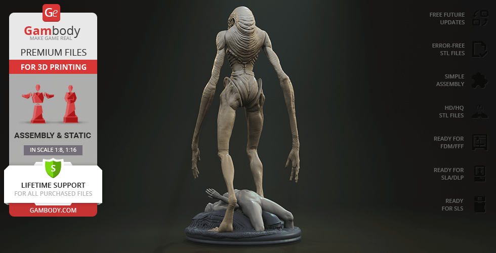 A detailed 3D model of an Alien Newborn standing on a base, designed for 3D printing.