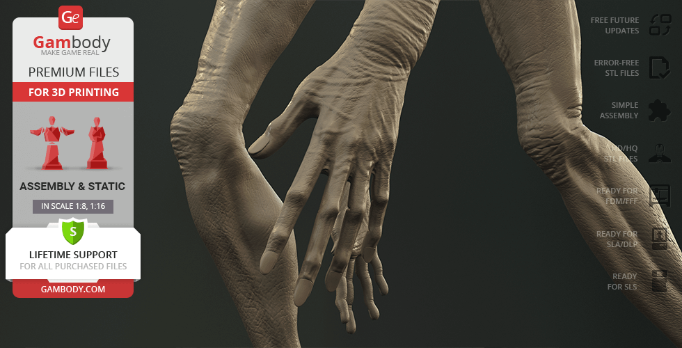 A detailed model of elongated, textured alien hands from Gambody for 3D printing.