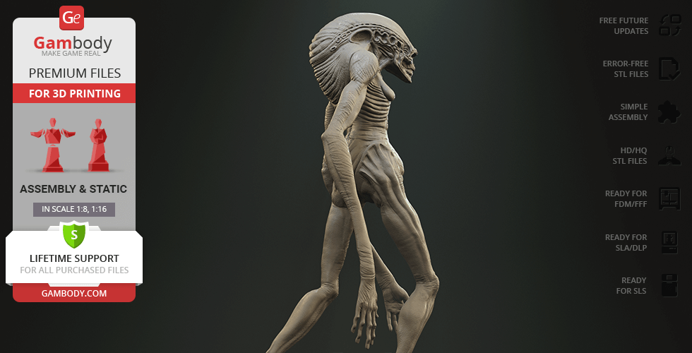 3D model of an Alien Newborn with elongated limbs and head, designed for 3D printing from Gambody.