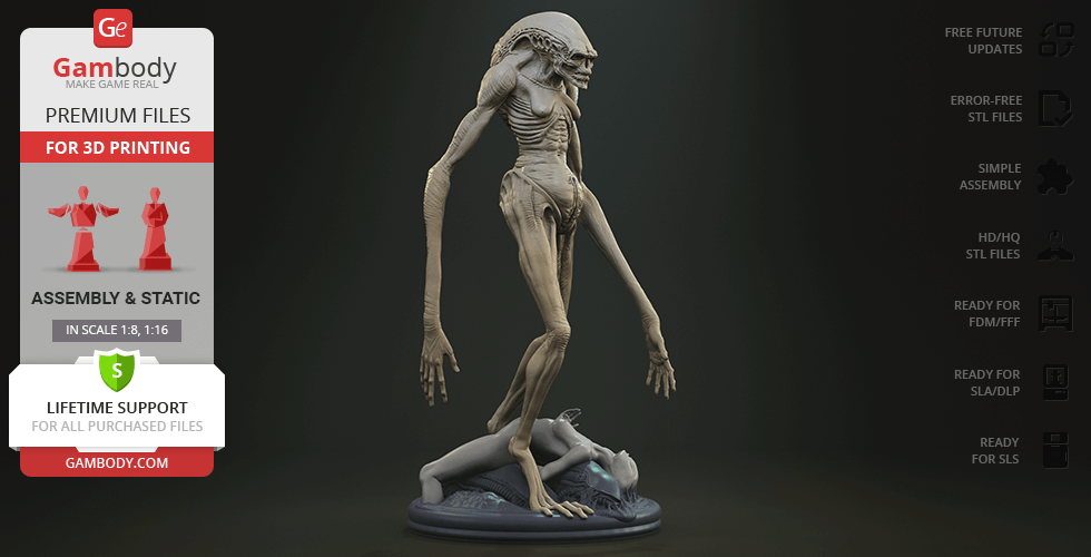 A detailed 3D model of an alien creature standing on a base, designed for 3D printing.