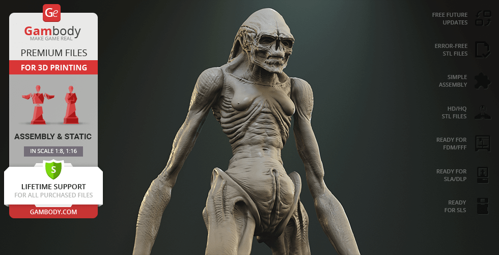 Grotesque humanoid alien figure with elongated arms and detailed textures, designed for 3D printing.