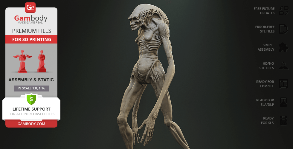 A detailed 3D model of an alien creature with elongated limbs and a large head, designed for 3D printing.