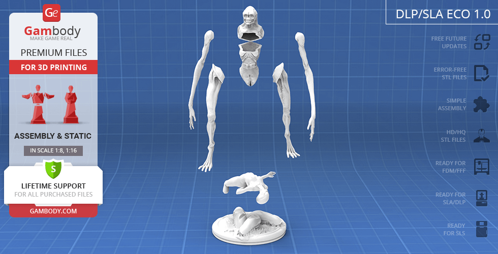 A 3D model of an alien newborn, showing separate parts for assembly on a blue grid background.