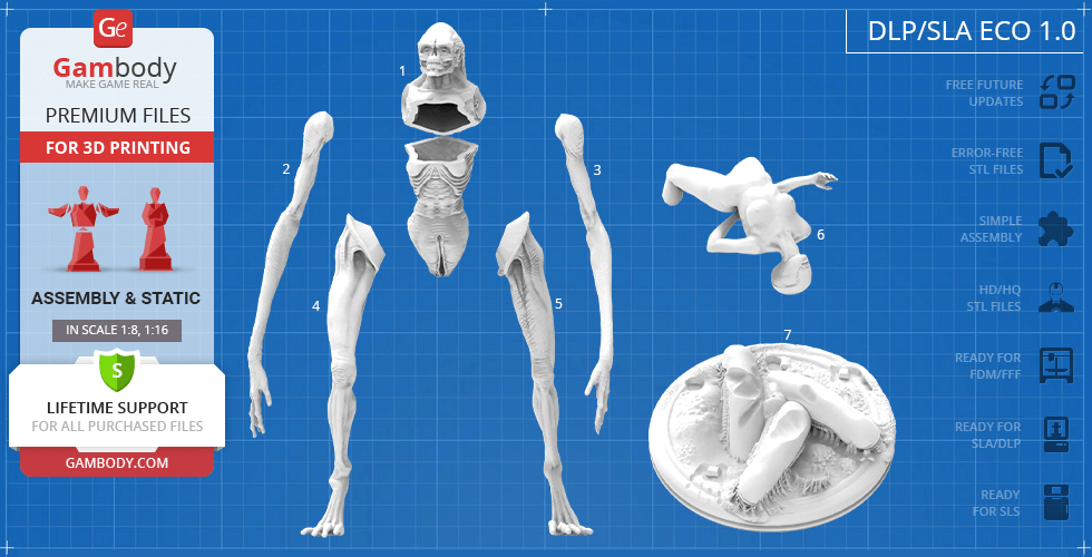 3D model parts of an Alien Newborn, including limbs, torso, and base for assembly.