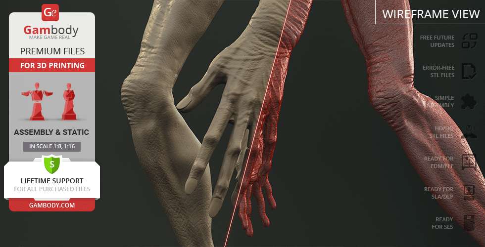 A detailed 3D model of a humanoid alien arm, shown in textured and wireframe views for printing.