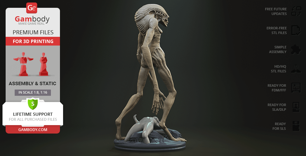 A detailed 3D model of an alien creature with elongated limbs and head, standing on a display base.