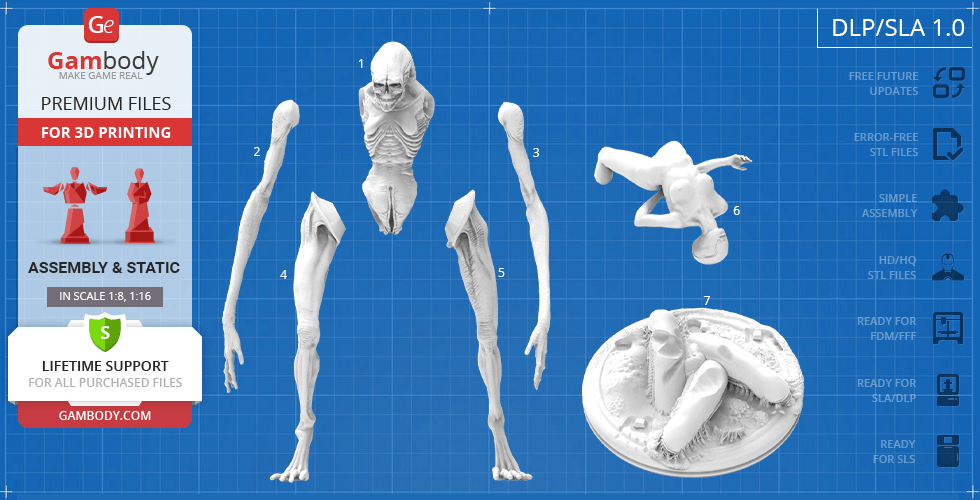 A 3D model kit of an Alien Newborn with labeled parts for assembly and a display base.