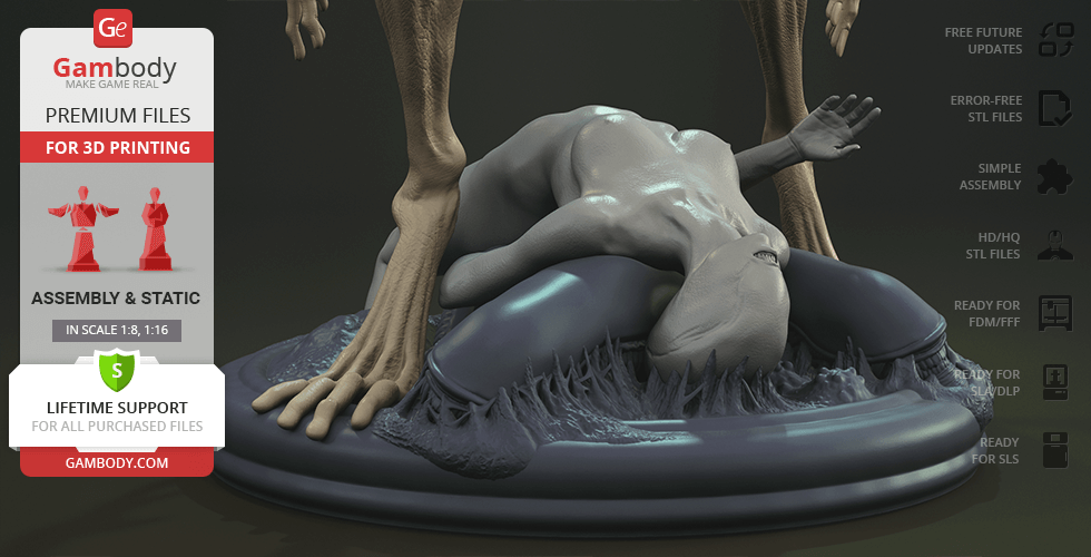 A detailed 3D model of an alien creature lying on a base, with large hands and elongated limbs.
