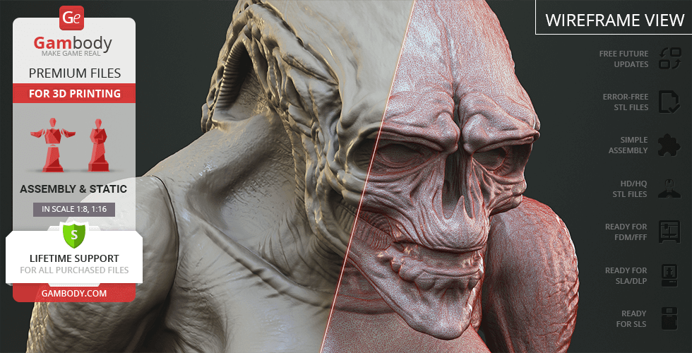 3D model of a detailed alien creature showing texture and wireframe view for 3D printing.