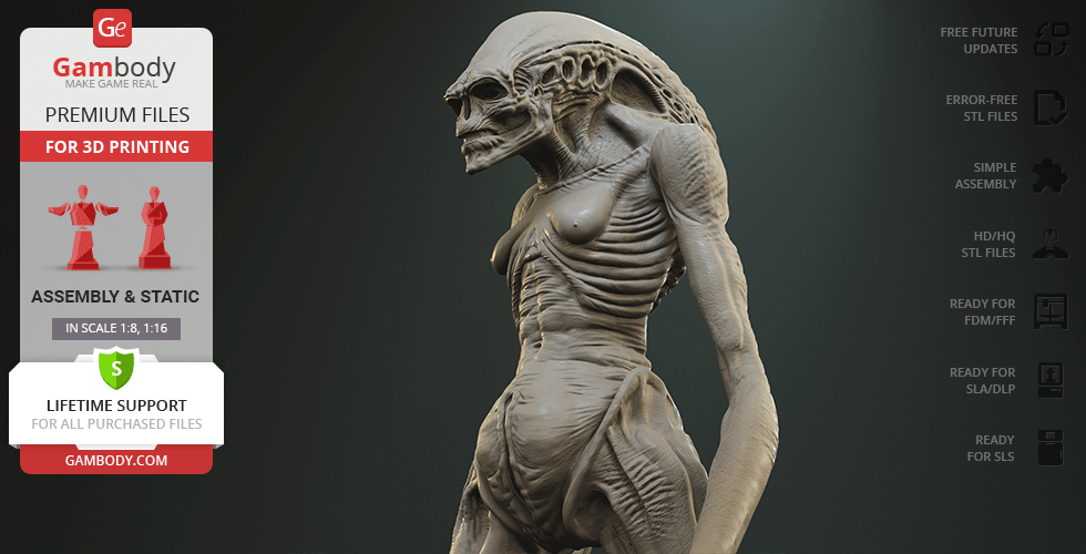 3D model of a detailed sci-fi creature with skeletal features and textured skin, ready for 3D printing.