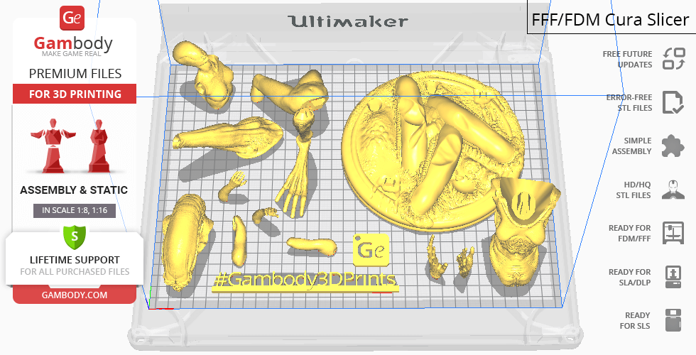 3D printing layout of Alien Newborn parts on Ultimaker Cura slicer interface, ready for assembly.