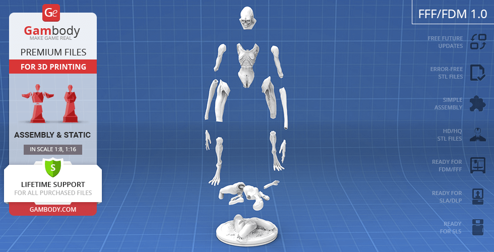 3D printable model of an alien newborn with detachable body parts, displayed on a grid background.