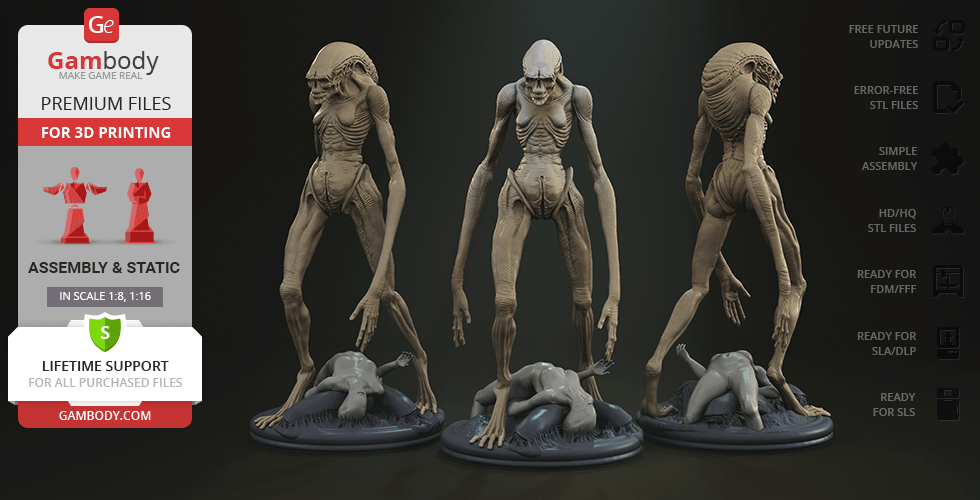 A detailed 3D model of an Alien Newborn standing on a base, from different angles for 3D printing.