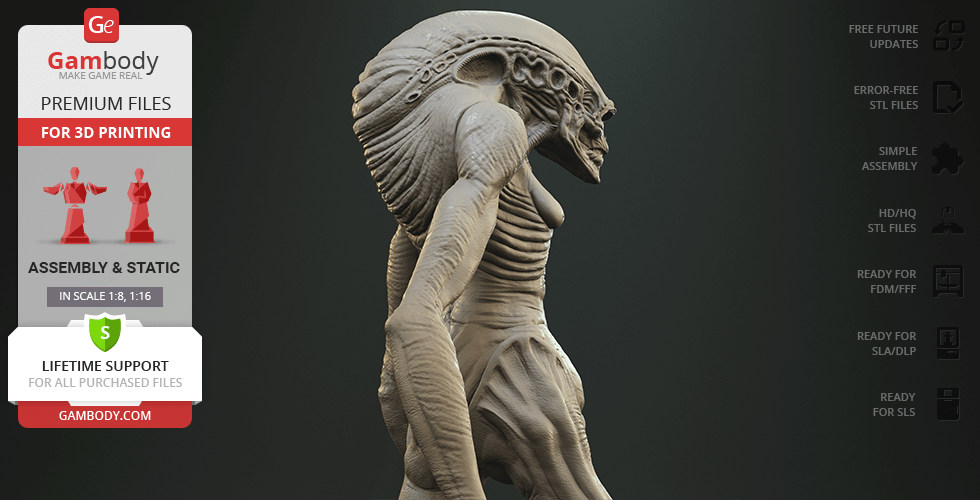 A detailed 3D model of an alien creature with elongated limbs and textured skin, designed for 3D printing.