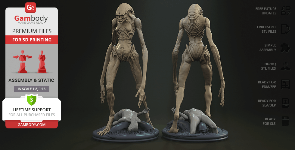 A detailed 3D model of an Alien Newborn with intricate textures, shown from front and back views.
