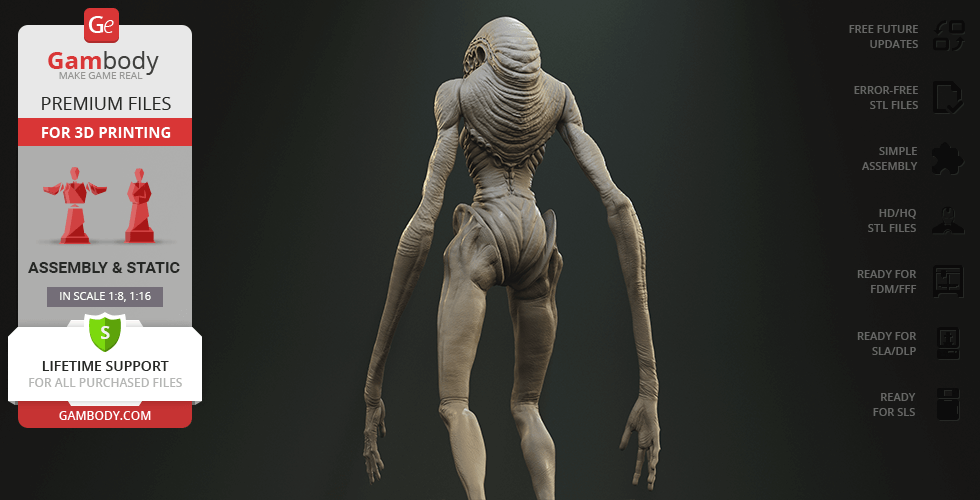 An alien creature with elongated limbs and a textured body, viewed from behind.