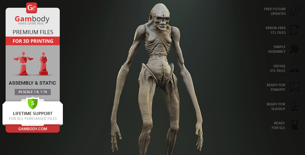 A detailed 3D model of a humanoid alien creature with elongated limbs and a skeletal structure for printing.