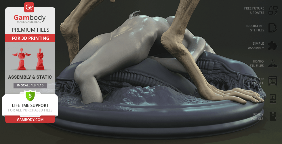 Alien creature in fetal position on a round base, featuring elongated limbs and textured skin.