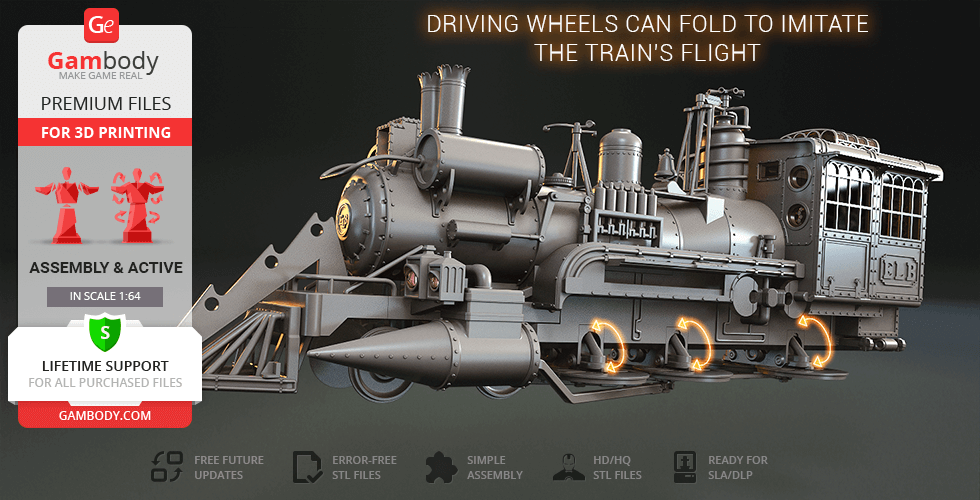 3D model of Jules Verne-inspired train locomotive for printing; includes foldable driving wheels.