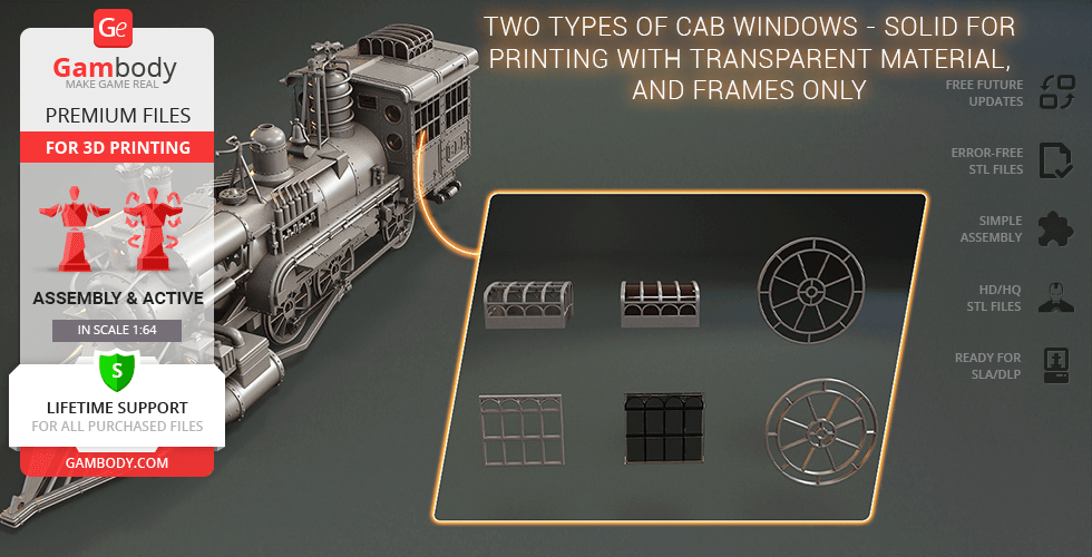 A 3D model of a steam locomotive with detailed cab windows and promotional text for Gambody's STL files.