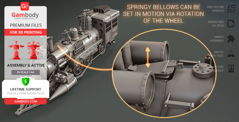 A detailed model of a vintage train locomotive for 3D printing, highlighting movable springy bellows.