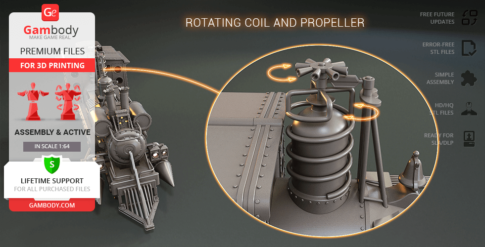 3D model of a train locomotive with a rotating coil and propeller, ready for 3D printing.