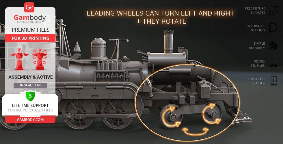 3D model of a Jules Verne train locomotive with rotating lead wheels, ready for 3D printing.