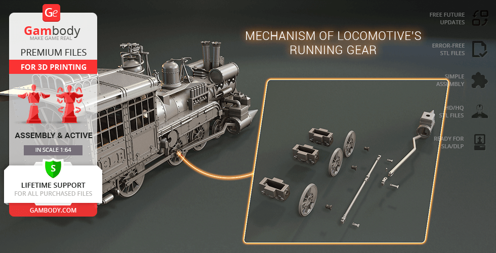 Detailed Jules Verne locomotive 3D model with running gear components displayed separately.