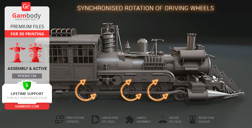 A detailed 3D model of a Jules Verne-like locomotive with synchronized driving wheels.