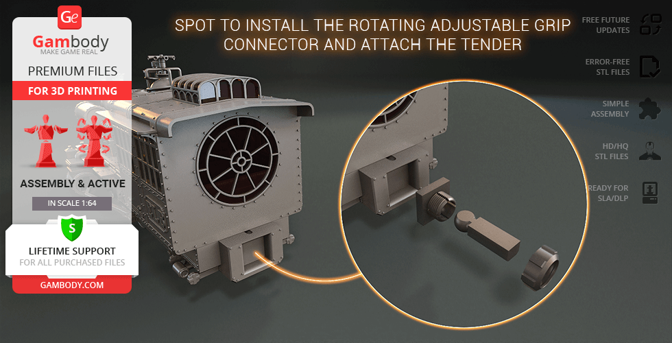 Close-up of a 3D model train part showing where to install a rotating grip connector for assembly.