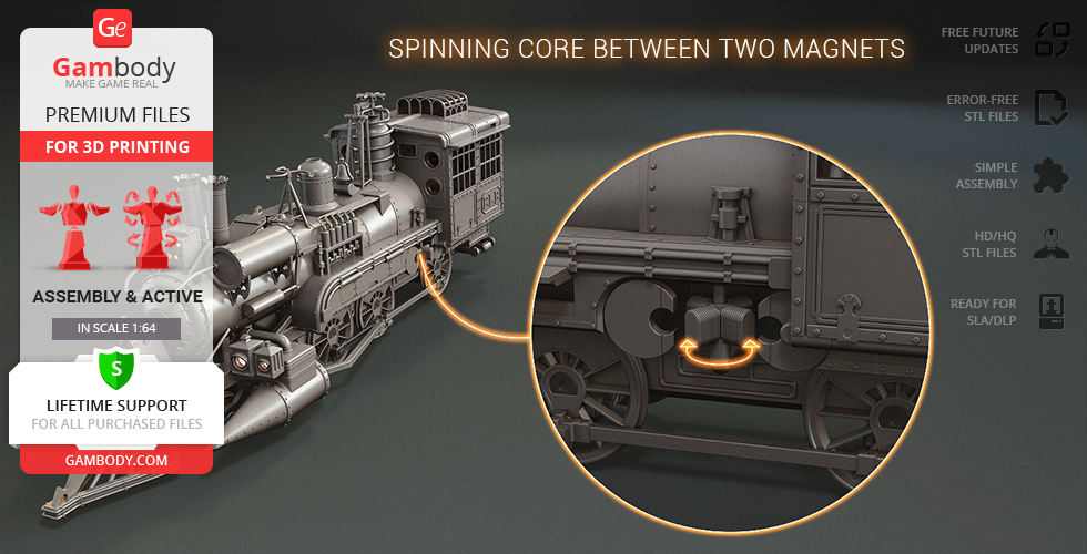 3D model of a Jules Verne style train locomotive with highlighted spinning core detail for printing.