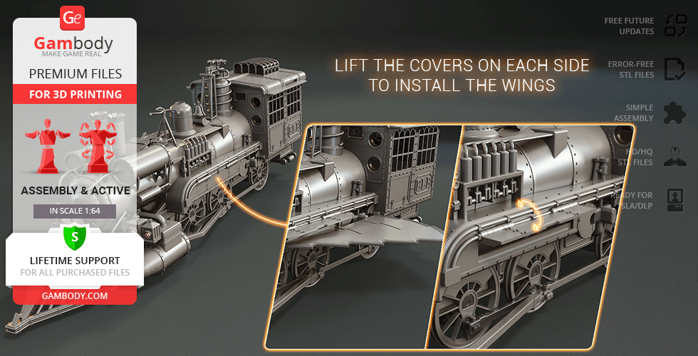 3D model of a detailed train locomotive with an instruction to install wings on the sides.