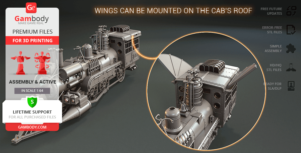 Detailed 3D model of a Jules Verne-inspired train locomotive with attachable roof wings.