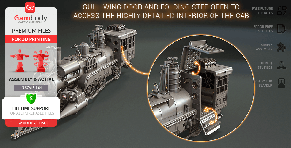 3D model of a Jules Verne-style train with detailed cab interior, highlighting features for 3D printing.