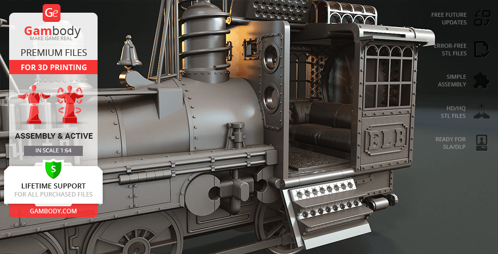 A detailed 3D model of a vintage train locomotive with visible cabin interior, designed for 3D printing.