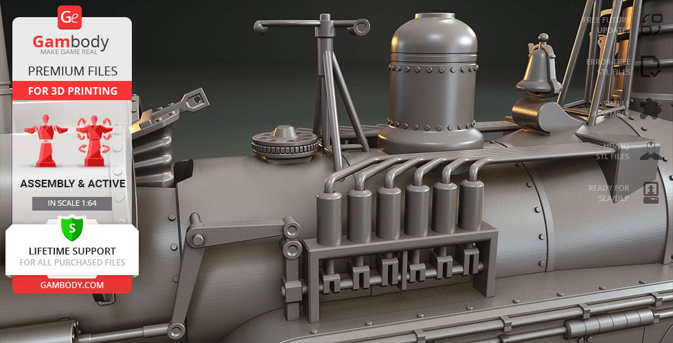 Detailed Jules Verne-themed locomotive model for 3D printing, showcasing intricate machinery and design elements.
