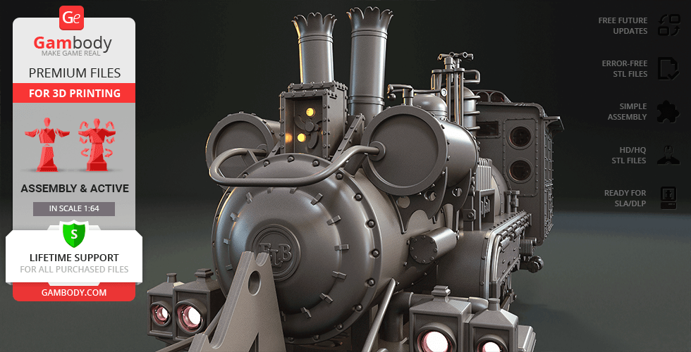 A detailed 3D model of a vintage train locomotive with industrial design elements.