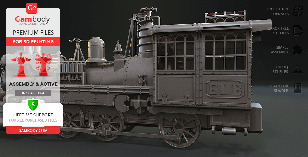 A detailed 3D model of a vintage train locomotive for printing, shown with various product feature icons.