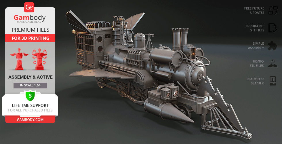A detailed 3D model of a steampunk-style locomotive for 3D printing, displayed on Gambody.