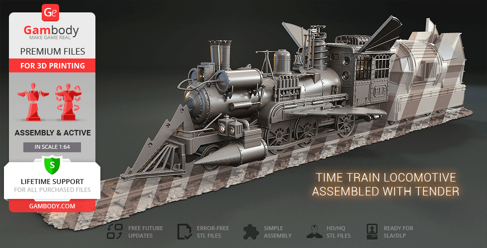 A detailed 3D model of a vintage steam locomotive with a tender on display, ready for 3D printing.