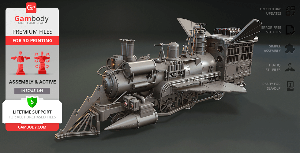 A detailed 3D model of a futuristic Jules Verne-inspired locomotive for 3D printing.