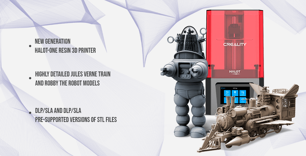 HALOT-ONE resin 3D printer, Robby the Robot, and Jules Verne train locomotive models shown.