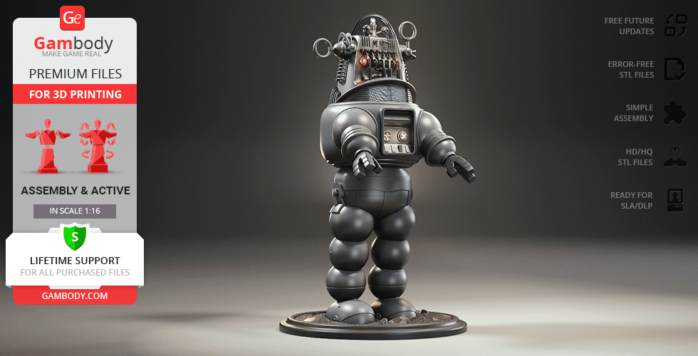 3D model of a vintage-style robot on a display. Promotes STL files for 3D printing from Gambody.