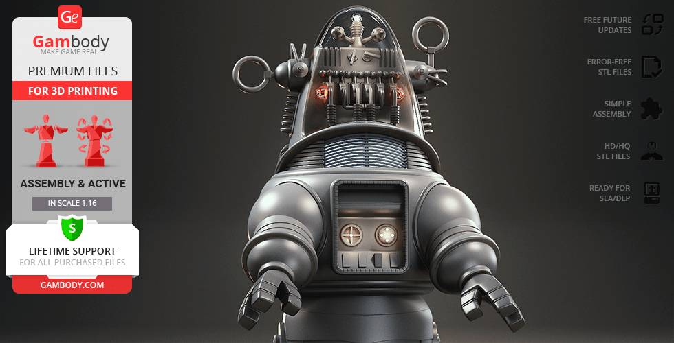 A detailed 3D model of Robby the Robot for 3D printing, featuring intricate mechanical parts and accessories.
