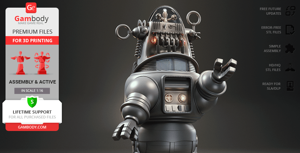 A detailed 3D model of a retro-style robot with gears and antennas, designed for 3D printing.