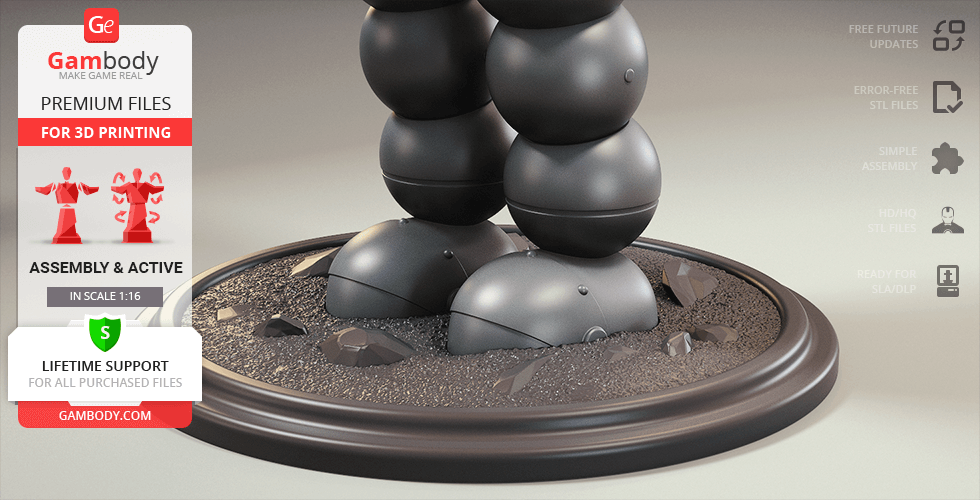 A 3D model base with spherical black legs, surrounded by rocks on a textured surface.