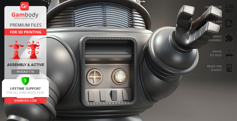 A detailed 3D model of Robby the Robot, highlighting its torso and mechanical design features.