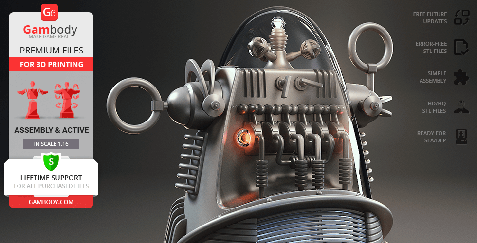 Robby the Robot 3D model with mechanical details and promotion text for 3D printing files on Gambody.