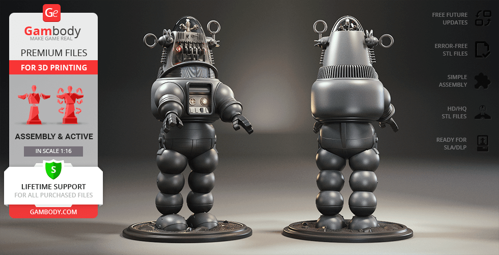 Robby the Robot 3D model shown from front and back, ready for printing at scale 1:16.