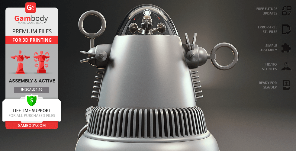 Close-up of a futuristic silver robot model with antennae and circular components.